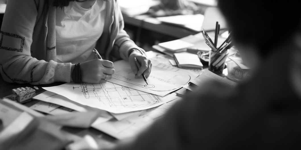 Planos eléctricos y herramientas de ingeniería sobre una mesa
